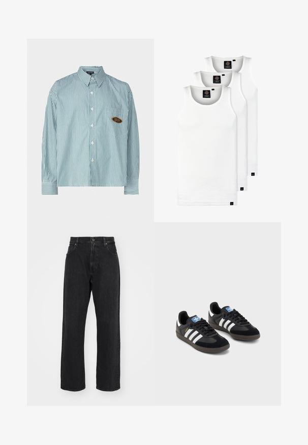 Kaotiko UNISEX - Košile - green; Tři bílé žebrované tílka vyrobené z bavlny. Mají kulatý výstřih a malé černé štítky poblíž lemu. Dostupné v několika velikostech.; Černé džíny z denimu se rovnými nohavicemi, standardním pasem, designem s pěti kapsami a diskrétními švy.; Černé tenisky s vrškem z semiše a syntetického materiálu, s třemi bílými pruhy, texturovanou gumovou podrážkou a modrou nášivkou loga na jazyku.