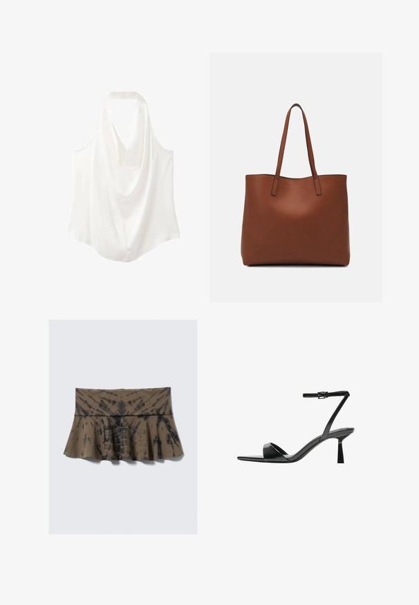 Blouse sans manches blanche avec un décolleté drapé, confectionnée en tissu lisse, présentant un design fluide et un ourlet incurvé.; Jupe évasée marron tie-dye avec taille ajustée, présentant des accents noirs dans un motif tourbillonnant. Fabriquée en tissu doux et extensible.; Bershka Sandales à talons hauts - black; Sac fourre-tout en cuir marron avec une texture lisse, design à ouverture supérieure et deux poignées pour le porter à l'épaule. Présente des coutures minimales et aucun matériel visible.
