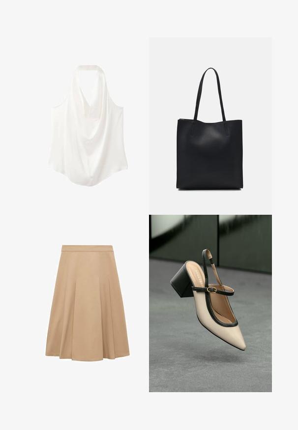 Bijela bezrukavna bluzica s naboranim izrezom, izrađena od glatkog materijala, s lepršavim dizajnom i zakrivljenim rubom.; Bež suknja A-silhouette s glatkom teksturom, s nabranjima koja dodaju punoću i pojasom za podešavanje. Ravni rub na dnu.; Bež sandala s visokim potpeticama, otvorenom petom, šiljastim vrhom, crnim rubom i detaljem kopče. Glatki materijal s mat završnom obradom, srednja blok potpetica.; Crna kožna torba za nošenje s glatkom teksturom, pravokutnim oblikom i dvije duge ručke. Nema vidljivih metalnih dijelova ili ukrasa.