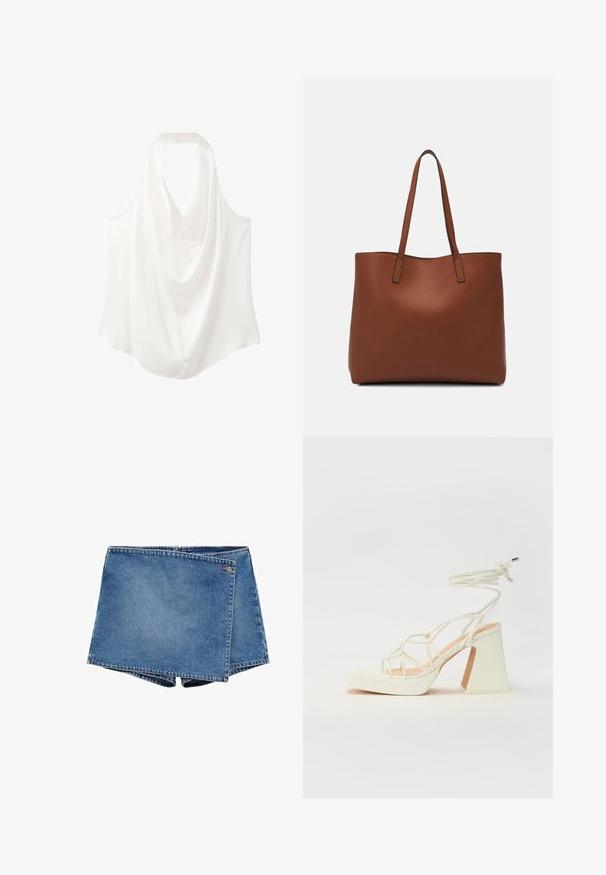 Bluză albă fără mâneci, cu decolteu căptușit, confecționată dintr-un material neted, având un design fluid și un tiv curbat.; Șorturi din denim de culoare albastru mediu, cu un design unic suprapus. Au închidere cu fermoar și un mic accent cu logo pe talie.; Sandale albe cu toc înalt și gros, cu un design cu curele și legătură la gleznă. Textură netedă, cu o platformă frontală pentru înălțime suplimentară.; Geantă de umăr din piele maro cu o textură netedă, design cu vârf deschis și două curele pentru umăr. Prezintă cusături minime și fără componente metalice vizibile.