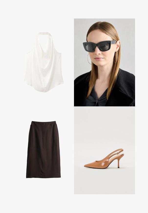 Blouse sans manches blanche avec un décolleté drapé, confectionnée en tissu lisse, présentant un design fluide et un ourlet incurvé.; Jupe marron à mi-longueur avec un design droit, fabriquée en tissu lisse, dotée d'une ceinture et sans fermetures ni poches visibles.; Escarpin à talon slingback à bout pointu en matériau beige lisse et brillant. Présente un design de découpes courbées et un talon aiguille fin. Détail de boucle en argent.; Des lunettes de soleil en forme de chat noir avec des verres foncés, des montures épaisses et des accents subtils. Portées avec un manteau noir et un haut gris, avec des cheveux longs et raides.