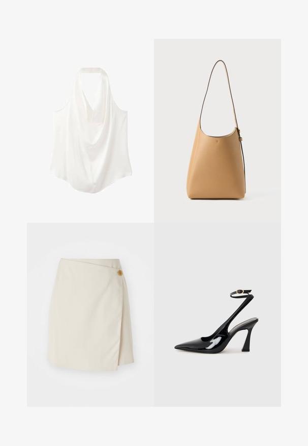 White sleeveless blouse with a draped neckline, made from smooth fabric, featuring a flowing design and curved hem.; Beige wrap skirt featuring a side button closure, solid fabric, clean lines, and a smooth texture, designed for a fitted silhouette.; Black patent leather slingback high heels with a pointed toe, adjustable ankle strap, and a moderate block heel. Smooth texture with glossy finish.; Leather shoulder bag in light tan with a smooth texture, minimalist design, a single curved strap, and subtle hardware detailing.