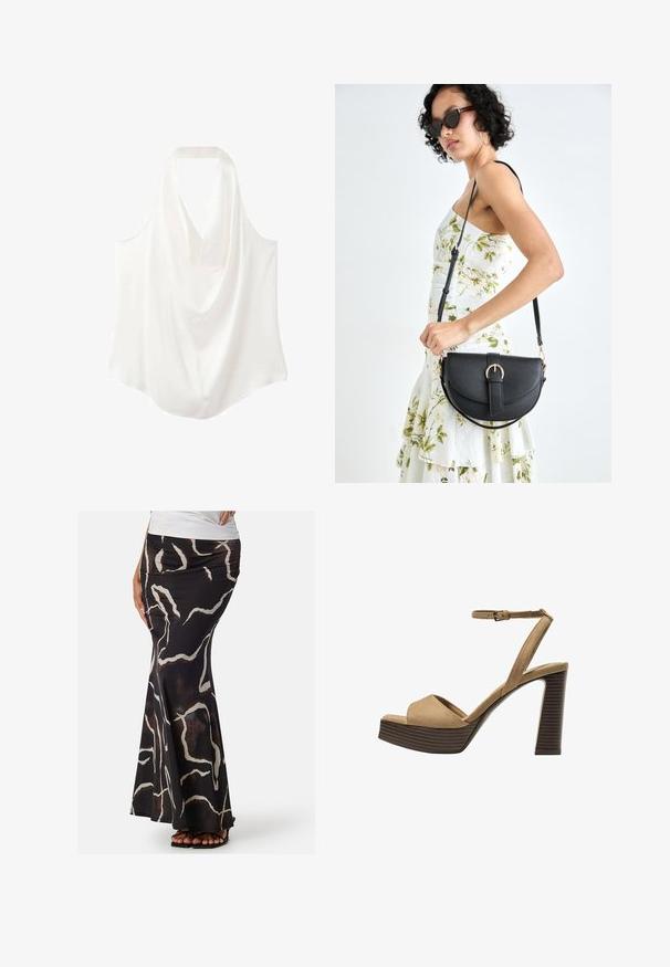Vit ärmlös blus med draperad halsringning, tillverkad av ett mjukt tyg, med en flödande design och rundad nederkant.; Svart maxikjol i ett mjukt tyg, med ett vågigt, abstrakt mönster i vitt och brunt. Åtsittande vid midjan med en utsvängd nederkant.; Beiga suède högklackade sandaler med ett brett framrem och ankelsrem, med en kraftig träblockklack med en strukturerad yta.; Svart läderhandväska med en böjd form, avtagbar rem och guldiga detaljer. Väskan har ett lock med en spänndetalj.