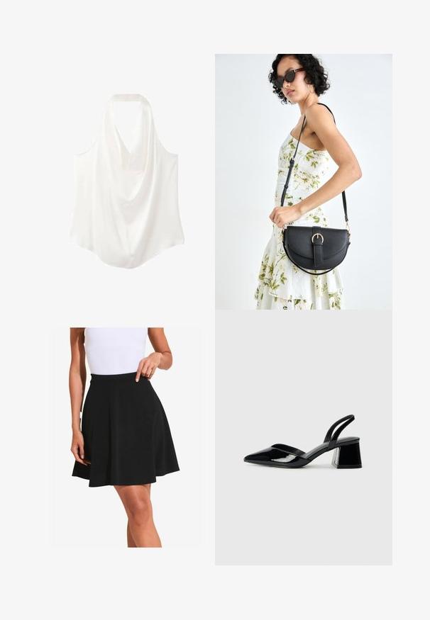 Bílá bezramínková blůza s volně splývajícím výstřihem, vyrobená z hladkého materiálu, s tekoucím designem a zakřiveným lemem.; Černá áčková sukně z měkké látky s hladkým povrchem a širokým pasem, vykazující jemné sklady a délku ke kolenům.; Černé lakované kožené lodičky na pásku s špičatou špičkou a geometrickým blokovým podpatkem. Vyznačují se elegantním, minimalistickým designem a hladkým povrchem.; Černá kožená kabelka s křivkovým tvarem, odnímatelným popruhem a zlatými detaily. Kabelka má klopu s přezkou.
