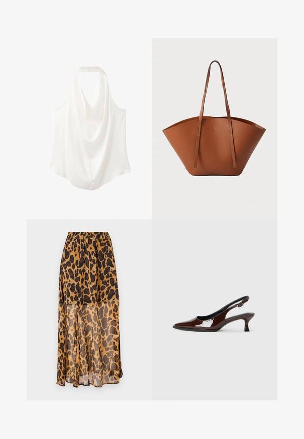 Hvid ærmeløs bluse med draperet halsudskæring, lavet af glat stof, med et flydende design og buet kant.; Leopardtrykt nederdel lavet af let, gennemsigtigt stof. Har en elastisk talje og et flydende design med nuancer af brune og sorte pletter.; Brun patenteret læder slingback sko med spids tå og en moderat hæl. Har en spænde rem for en sikker pasform. Glat tekstur.; Brun læder tote-taske med en bred, struktureret form, tynde håndtag og en tekstureret overflade. Har et minimalistisk design uden synligt hardware.