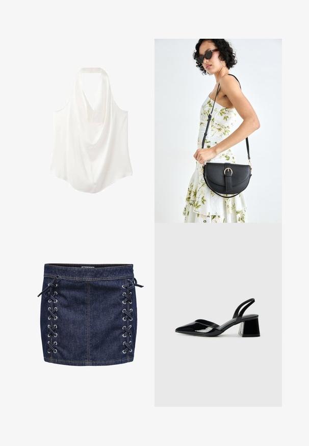 Blusa sin mangas blanca con escote drapeado, hecha de una tela suave, con un diseño fluido y dobladillo curvado.; Mini falda de mezclilla en azul oscuro con detalle de cordones en el lateral y ojales plateados. Presenta una textura suave y costuras en contraste.; Zapatos de tacón slingback de charol negro con punta afilada y tacón geométrico en bloque. Presentan un diseño elegante y minimalista, así como una textura suave.; Bolso de piel negra con forma curva, correa desmontable y herrajes dorados. El bolso cuenta con una solapa con un detalle de hebilla.