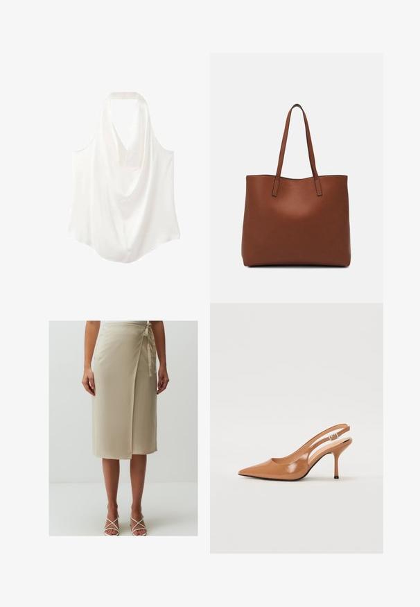 Biała bezrękawnik z dekoltem w kształcie drapowania, wykonana z gładkiego materiału, charakteryzująca się zwiewnym krojem i zaokrąglonym dołem.; Beżowa spódnica w kształcie owinięcia, wykonana z lekkiego materiału, z detalem zawiązywanego pasa i długości do kolan. Gładka tekstura z delikatnym połyskiem.; Sandały na obcasie z kwadratowym noskiem, wykonane z gładkiego, błyszczącego materiału w kolorze brązowym. Charakteryzują się zaokrąglonym wycięciem i smukłym obcasem typu stiletto. Detal w postaci srebrnej klamry.; Brązowa skórzana torba tote o gładkiej fakturze, z otwartym wierzchem i dwoma ramiączkami. Charakteryzuje się minimalnym przeszyciem i brakiem widocznych elementów metalowych.