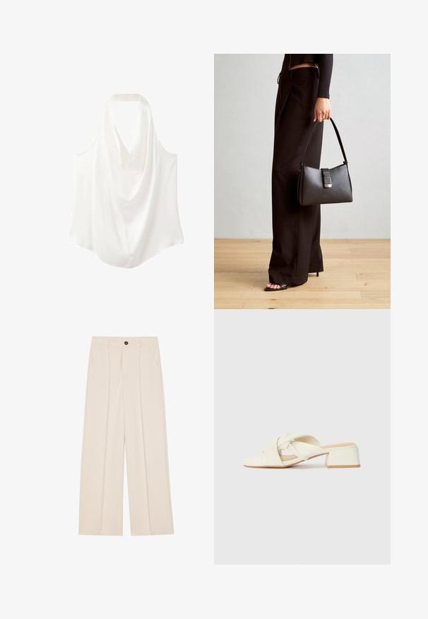 Biała bezrękawnik z dekoltem w kształcie drapowania, wykonana z gładkiego materiału, charakteryzująca się zwiewnym krojem i zaokrąglonym dołem.; Spodnie o wysokim stanie i szerokich nogawkach z kremowego materiału, z dwoma bocznymi kieszeniami, jednym guzikiem z przodu oraz plisami z przodu dla dodatkowego efektu.; Kremowe sandały na słupku z skręconymi paskami i płaską podszewką na palce. Gładki materiał syntetyczny o matowym wykończeniu.; Czarna torebka o usztywnionym kształcie, gładkiej fakturze i metalowym zapięciem. Połączona z szerokimi czarnymi spodniami i sandałami na otwartym palcu na drewnianej podłodze.