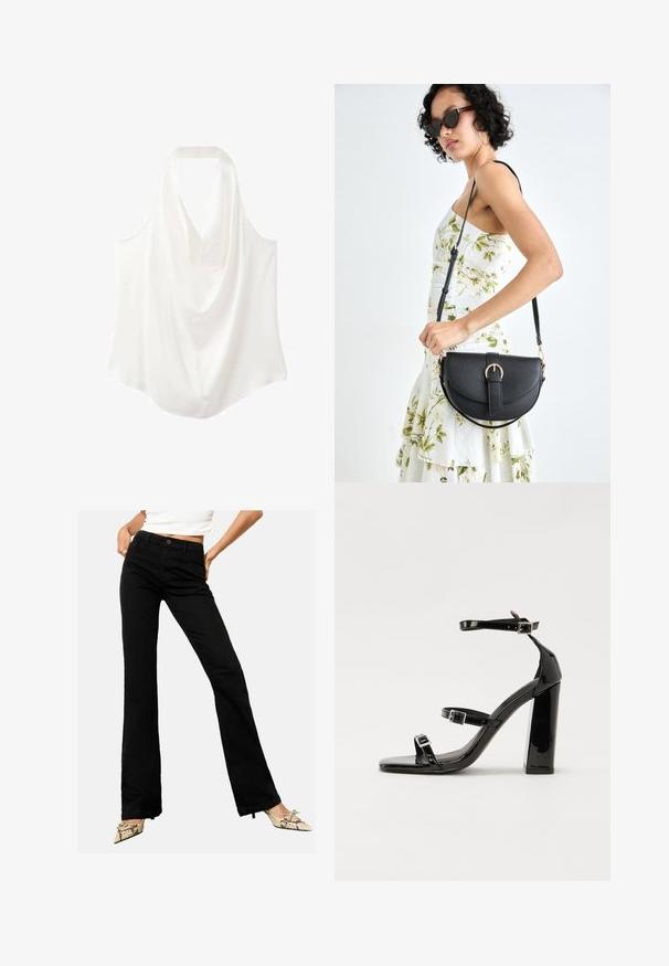 Biela bezrónková blúzka s drapovaným výstrihom, vyrobená z hladkej tkaniny, s voľným strihom a zakriveným lemom.; Čierne rozšírené džínsy vyrobené z denimu, s predným zapínaním na gombík a dizajnom s piatimi vreckami, vystavené na neutrálnom pozadí.; Čierne lakované sandále na vysokom opätku s dvoma prackami, štvorcovou špičkou a hrubým blokovým opätkom, s hladkou, lesklou textúrou.; Čierna kožená kabelka s zaobleným tvarom, odnímateľným popruhom a zlatými doplnkami. Kabelka má klopu s detailom s prackou.