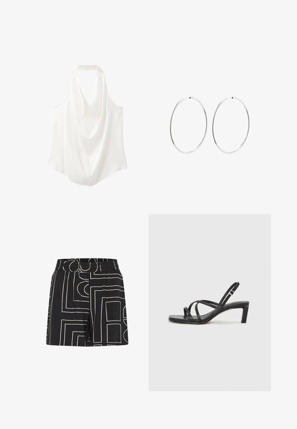 White sleeveless blouse with a draped neckline, made from smooth fabric, featuring a flowing design and curved hem.; Black shorts with a crinkled texture, featuring a geometric cream pattern. Elastic waistband for comfort and a relaxed fit.; Black strappy sandal with a square toe and a low block heel. Features multiple thin straps and an adjustable ankle strap. Made of smooth leather.; Silver hoop earrings with a smooth, round design and a polished finish. They are thin and lightweight, featuring a simple clasp closure.