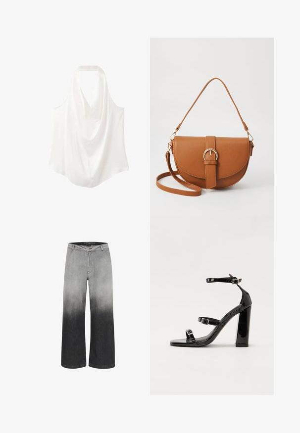 White sleeveless blouse with a draped neckline, made from smooth fabric, featuring a flowing design and curved hem.; Wide-leg jeans in a gradient of gray, transitioning from light to dark. Made of denim, featuring a button closure and traditional 5-pocket design.; Black patent high-heeled sandals with two buckle straps, square toe, and a chunky block heel, featuring a smooth, glossy texture.; Brown leather crossbody bag with a curved shape, gold hardware, and a buckle accent. Features a detachable shoulder strap.