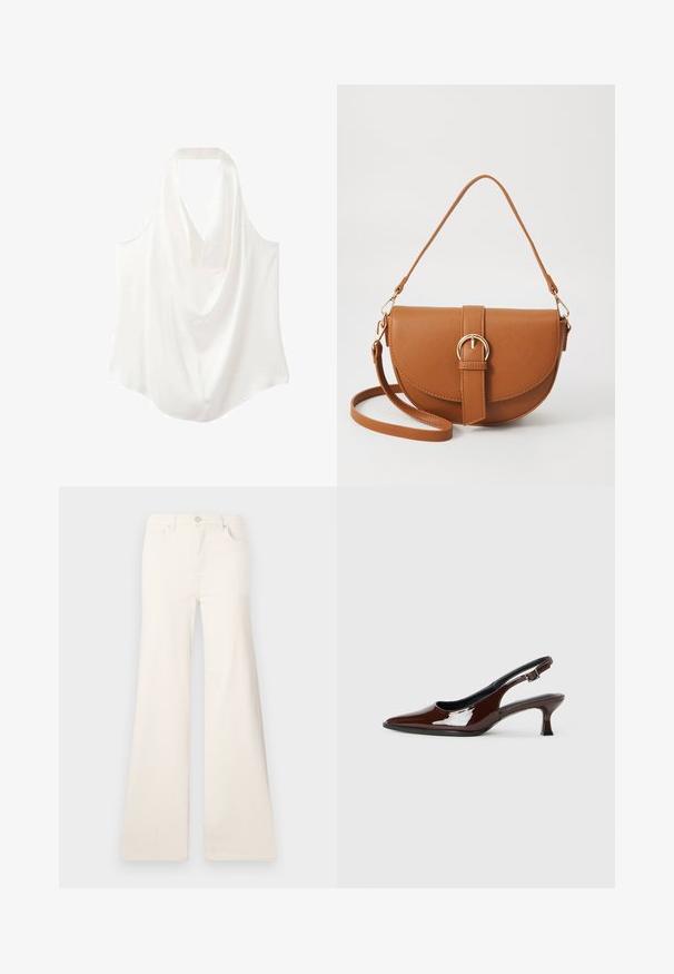Weiße ärmellose Bluse mit einem drapierten Ausschnitt, aus glattem Stoff gefertigt, mit einem fließenden Design und abgerundetem Saum.; ONLY ONLMADISON WIDE - Wide Leg - ecru; Braune Lackleder-Slingback-Schuhe mit spitzer Zehe und moderatem Absatz. Mit einem Schnallenriemen für einen sicheren Sitz. Glatte Textur.; Braune Leder-Crossbody-Tasche mit geschwungener Form, goldfarbenen Beschlägen und einer Schnallenakzentuierung. Verfügt über einen abnehmbaren Schultergurt.