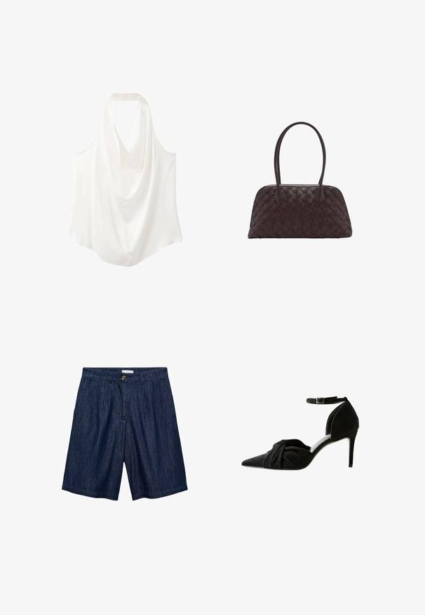 White sleeveless blouse with a draped neckline, made from smooth fabric, featuring a flowing design and curved hem.; Dark blue denim shorts with a straight cut, front pleats, a button closure, and two side pockets. Smooth texture with subtle stitching.; Black suede high-heeled shoe with a pointed toe, knotted detail at the front, ankle strap, and a thin stiletto heel.; Woven brown leather handbag with rounded shape, dual top handles, and smooth texture; features subtle stitching for design detail.