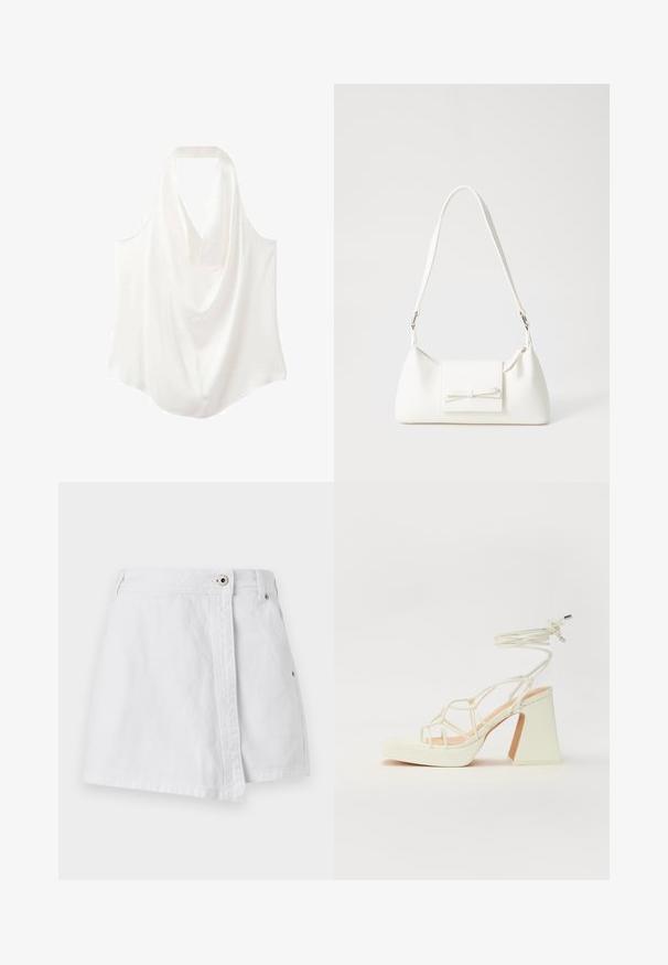 Vit ärmlös blus med draperad halsringning, tillverkad av ett mjukt tyg, med en flödande design och rundad nederkant.; Vit denim minikjol med knappstängning framtill, rak skärning och subtila sömdetaljer. Har en ren, slät textur.; Vit högklackad sandal med en kraftig klack, med ett remdesign och ankelband. Slät textur med en plattform framtill för ökad höjd.; Vit syntetisk handväska med triangulär form, platt framklaff och rosettdetalj, justerbar rem, slät textur och minimalistisk design.