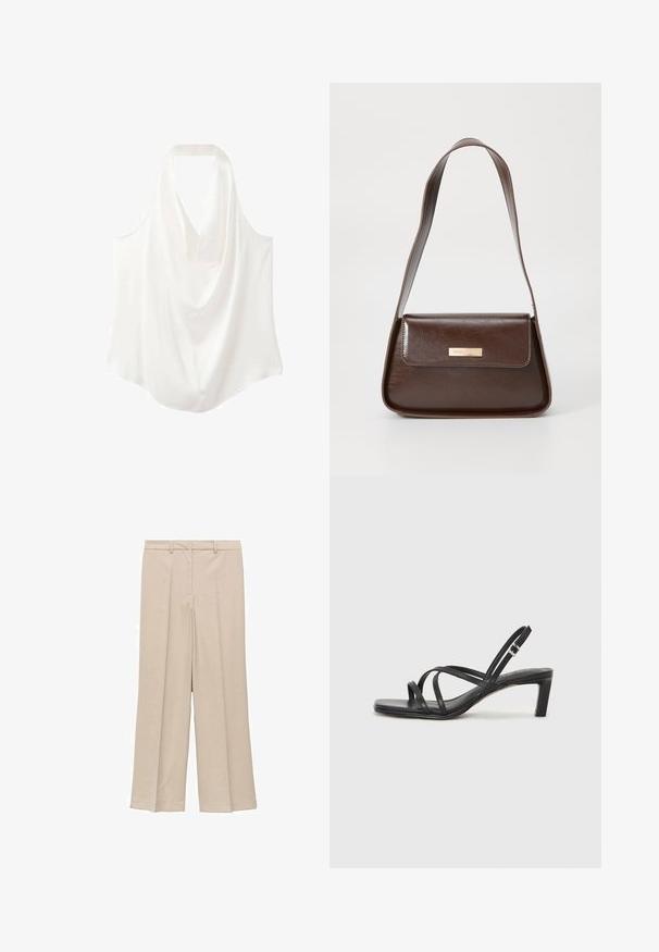 Blusa bianca senza maniche con scollo drappeggiato, realizzata in tessuto morbido, caratterizzata da un design fluido e una linea dell'orlo curva.; Pantaloni larghi beige chiaro con una texture liscia, caratterizzati da una frontale plissettata e tasche laterali, e un design con vita aderente.; Sandalo nero con cinturini, dalla punta squadrata e tacco basso a blocco. Presenta diversi cinturini sottili e una cinturini regolabile alla caviglia. Realizzato in pelle liscia.; Borsa a spalla in pelle marrone con una forma strutturata, dotata di chiusura a patta magnetica e un accento di logo metallico sul davanti.