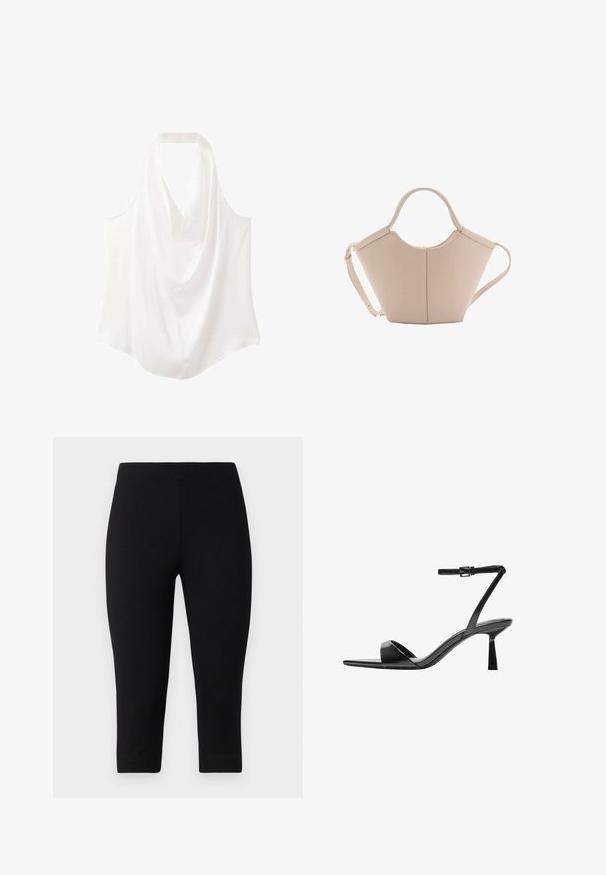 Witte mouwloze blouse met een gedrapeerde halslijn, gemaakt van een soepele stof, met een vloeiende uitstraling en een gebogen zoom.; Zwarte capri leggings gemaakt van rekbaar materiaal, met een aansluitende pasvorm en een gladde textuur, zonder opvallende patronen of accenten.; Bershka Sandalen met hoge hak - black; Beige leren handtas met een unieke vorm, voorzien van twee korte handvatten en een lange verstelbare schouderriem. Glad oppervlak met minimale hardware.