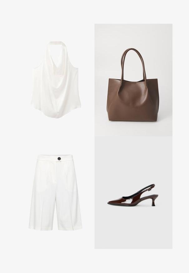 Blusa bianca senza maniche con scollo drappeggiato, realizzata in tessuto morbido, caratterizzata da un design fluido e una linea dell'orlo curva.; b.young BYRIZETTA - Shorts - off white; Scarpa slingback in pelle verniciata marrone con punta affusolata e tacco moderato. Presenta una fascia con fibbia per una calzata sicura. Tessuto liscio.; Borsa tote in pelle marrone con due manici lunghi, forma strutturata, superficie liscia e design minimalista. Nessun hardware o accento visibile.