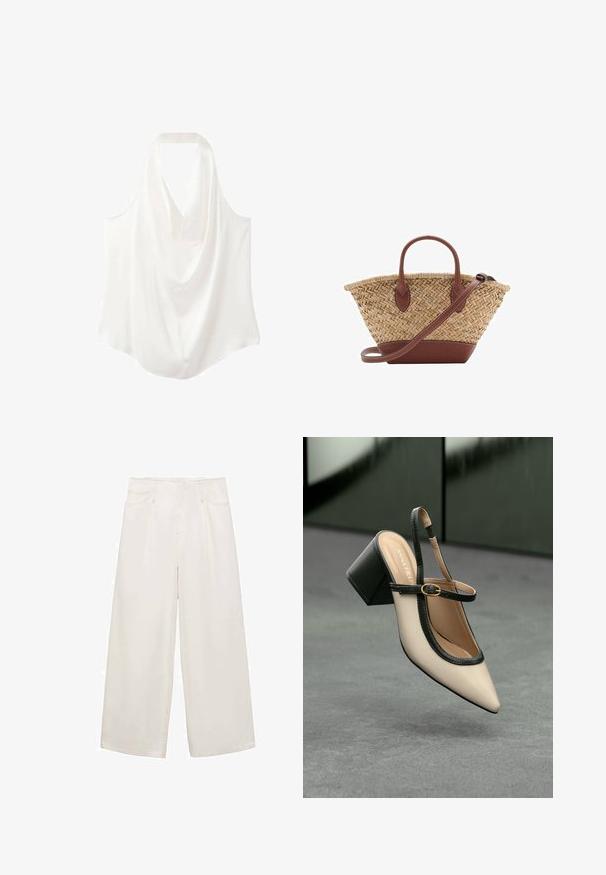 Bílá bezramínková blůza s volně splývajícím výstřihem, vyrobená z hladkého materiálu, s tekoucím designem a zakřiveným lemem.; Kalhoty s širokými nohavicemi z denimu v krémově bílé barvě. Mají čtyři kapsy, poutka na opasek a vysoký pas. Hladká textura s čistým zakončením.; Béžový sandál na vysokém podpatku se zavazováním za patou, špičatou špičkou, černým lemováním a detaily přezky. Hladký materiál s matným povrchem, středně vysoký blokový podpatek.; Tkaný slaměný košík s hnědými koženými akcenty, dvěma uchy a odnímatelným popruhem. Zakřivený tvar se silným dnem.