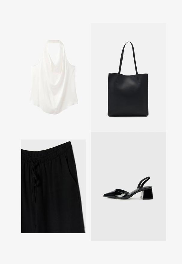 Witte mouwloze blouse met een gedrapeerde halslijn, gemaakt van een soepele stof, met een vloeiende uitstraling en een gebogen zoom.; Zwarte broek met een elastische tailleband en trekkoord, met een losse fit en zijzakken. Het materiaal lijkt zacht en lichtgewicht te zijn.; Zwarte gepatineerde leren slingback hakken met een spitse neus en een geometrische blokhak. Kenmerkt zich door een slank, minimalistisch ontwerp en een gladde textuur.; Zwarte leren handtas met een gladde textuur, rechthoekige vorm en twee lange handvaten. Geen zichtbare hardware of versieringen.