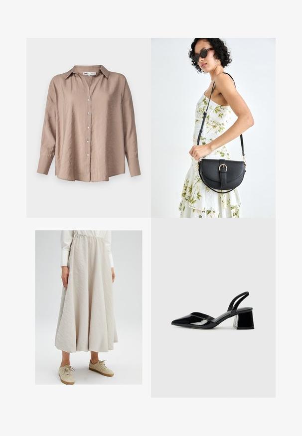 Šviesiai ruda per didelė marškinė su mygtukais, turinti klasikinį apykaklę, ilgomis rankovėmis ir šiek tiek tekstūruotu satino audiniu.; Šviesiai smėlinė, iki kelių ilgio sijonas, pagamintas iš tekstūruotos medžiagos, su elastingu juosmeniu, derintas su rusvais sportiniais bateliais neformaliam įvaizdžiui.; Juodos lakuotos odinės šlepetės su smailiu pirštu ir geometriniu bloko kulnu. Turi elegantišką, minimalistinį dizainą ir lygų paviršių.; Juodas odinis krepšys su išlenkta forma, nuimamu dirželiu ir auksiniais detalėmis. Krepšys turi kilpą su sagtimi.