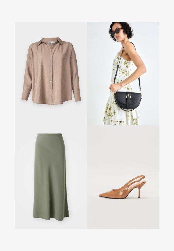 Gaiši brūns, lielgabarīta pogājams krekls ar klasisku apkakli, garām piedurknēm un nedaudz teksturētu satīna audumu.; Olīvu zaļš, līdz ceļgaliem garš svārki, izgatavoti no mīksta auduma ar gludu tekstūru un platu piegriezumu, ar sānu šķēlumu, lai nodrošinātu ērtu kustību.; Izteikts pirksta siksnas zābaks, izgatavots no gludas, spīdīgas brūnas materiāla. Piedāvā izliekta izgriezuma dizainu un smalku stiletto papēdi. Sudraba sprādze.; Melnas ādas rokassoma ar izliekta formu, noņemamu siksnu un zelta aksesuāriem. Somai ir vāciņš ar sprādzes detaļu.