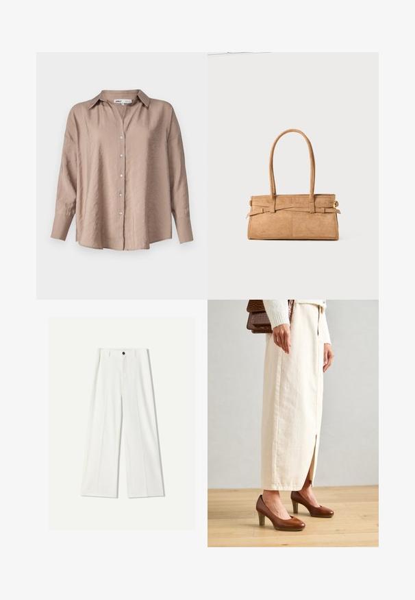 Lys brun oversized skjorte med knapper, der har en klassisk krave, lange ærmer og en let struktureret satin kvalitet.; Hvide bukser med bred ben i glat stof, der har en front knaplukning og plisserede detaljer. Flad frontdesign, ingen synlige lommer.; Brune hæle sko med rund tå, parret med en cremefarvet lang nederdel med en frontslids, og en struktureret brun håndtaske.; Tan ruskindtaske med to lange håndtag, rektangulær form og dekorativ syning. Den har en sideløsning og subtile guldfarvede hardware-detaljer.