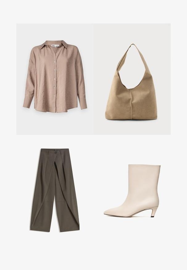 Világosbarna, oversized gombos ing, klasszikus gallérral, hosszú ujjakkal és enyhén texturált selyem anyaggal.; Bő szárú nadrág, textúrált, sötétszürke anyagból. Elöl pliszé, gombos záródás és oldalsó zsebek biztosítják a praktikusságot.; Beige bőr bokacsizma hegyes orral és kúpos sarkal. Simább textúra minimális varrással és karcsú szilhuettel.; Puha bézs velúr hobo táska laza formával, széles vállpánttal és kézzel varrt varrási részlettel az elején.