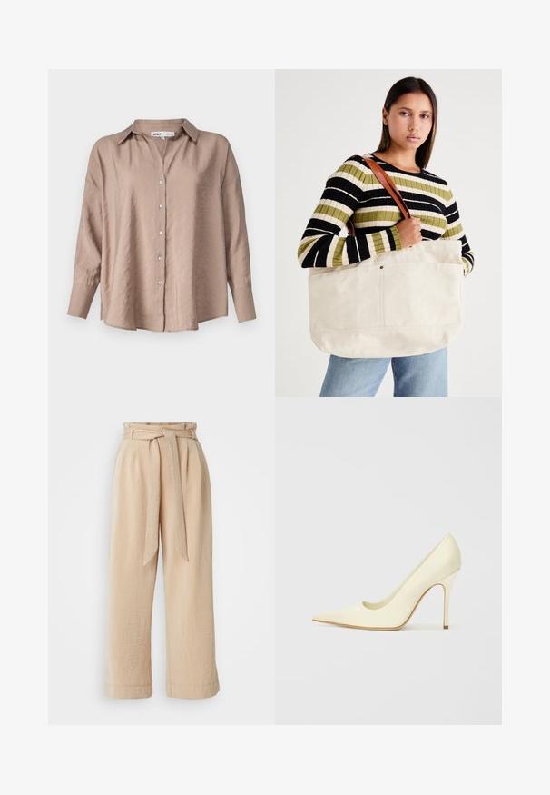 Svetlo rjava oversized srajca na gumbe, z klasičnim ovratnikom, dolgimi rokavi in rahlo teksturirano satinasto tkanino.; Bež hlače širšega kroja z pasom, narejene iz strukturirane tkanine. Imajo sprednji gub in gladko obdelan rob.; Čevlji s peto iz gladke kremne usnje. Imajo ostri nos, eleganten izgled in tanek stiletto peto.; Velika bež platnena torba z rjavimi usnjenimi ročaji, ki se ponaša z minimalnim dizajnom in vidnimi šivi.