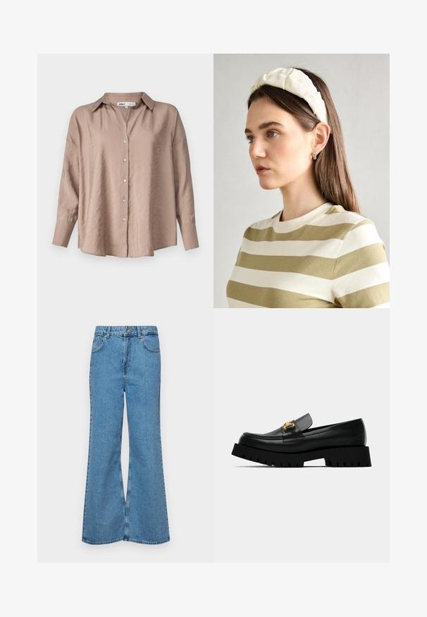 Hellbraunes, übergroßes Hemd mit Knöpfen, das einen klassischen Kragen, lange Ärmel und einen leicht strukturierten Satinstoff aufweist.; Helle blaue Schlagjeans aus Denim, mit hoher Taille, fünf Taschen und einem einzelnen Knopfverschluss. Weiche Textur mit ausgeblichener Optik.; Schwarze Lederloafer mit derben schwarzen Sohlen und goldfarbenem Schnallen-Detail auf der Vorderseite. Verfügt über eine Naht entlang der Zehen und hat ein elegantes Design.; Cremfarbener gepolsterter Haarreif mit gedrehtem Design, kombiniert mit einem beigen und weißen gestreiften Shirt mit rundem Halsausschnitt. Dezente Schmuckakzente.