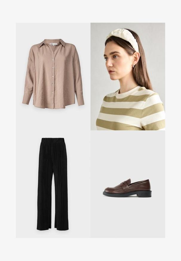 Világosbarna, oversized gombos ing, klasszikus gallérral, hosszú ujjakkal és enyhén texturált selyem anyaggal.; Fekete pliszírozott nadrág gumis derekkal. Széles lábakkal rendelkezik, sima, texturált anyagból készült, függőleges csíkokkal.; Barna bőr loaferek lekerekített orral, díszcsíkkal a felsőrészen, valamint alacsony, texturált fekete gumitalppal.; Krém színű párnázott fejpánt csavaros kivitelezéssel, bézs és fehér csíkos pólóval párosítva, kerek nyakkivágással. Diszkrét ékszer kiegészítők.