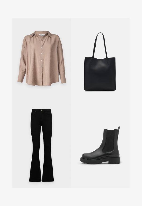 Kerge pruun ülekaaluline nupuga särk, millel on klassikaline krae, pikad varrukad ja veidi tekstuuriga satenkangas.; Mustad kõrge vöökohtadega teksad, millel on nööp ja lukuga sulgemine, esikäe taskud ja laienevad sääred, asetatud tasasele valgele taustale.; Must mustankad mustad nahkkingad, millel on elastsed külgpaneelid, paks kummiplaan ja tõmbenööridega. Sile tekstuur ja elegantne disain.; Mustast nahast kott sujuva tekstuuriga, ristkülikukujuline ja kahe pika sangaga. Pole nähtavat riistvara ega kaunistusi.