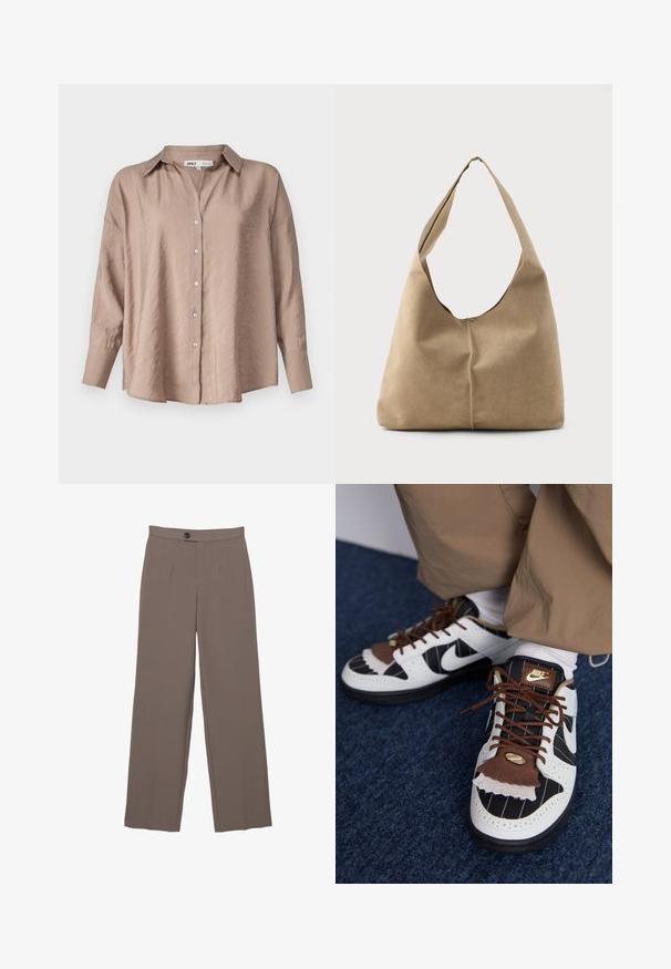 Chemise boutonnée oversize marron clair, avec un col classique, des manches longues et un tissu satin légèrement texturé.; Pantalons larges marron avec une texture lisse, dotés de plis avant, d'une fermeture à bouton et d'un design ajusté.; Baskets Nike avec des matériaux blancs, noirs et bruns. Caractéristiques d'un rabat texturé en brun, d'un design rayé et de laçage traditionnel avec des accents dorés.; Sac hobo en suède beige doux avec une forme décontractée, une large bandoulière et un détail de couture à la main sur le devant.; Boucles d'oreilles dorées présentant des formes texturées et ondulées. Comprend des clips sculpturaux et un design de créoles ouvertes avec une finition martelée.