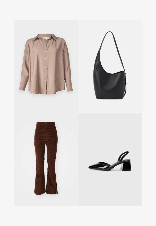 Šviesiai ruda per didelė marškinė su mygtukais, turinti klasikinį apykaklę, ilgomis rankovėmis ir šiek tiek tekstūruotu satino audiniu.; Aukštai talijoje, rudo aksominio audinio kelnės su priekinėmis kišenėmis ir platėjančiomis kojomis, kurių išoriniuose siūluose yra užtrauktukai.; Juodos lakuotos odinės šlepetės su smailiu pirštu ir geometriniu bloko kulnu. Turi elegantišką, minimalistinį dizainą ir lygų paviršių.; Juodas odinis hobo maišas su lygiu paviršiumi, kreipta forma ir viena reguliuojama rankena; turi platų atidarymą viršuje.