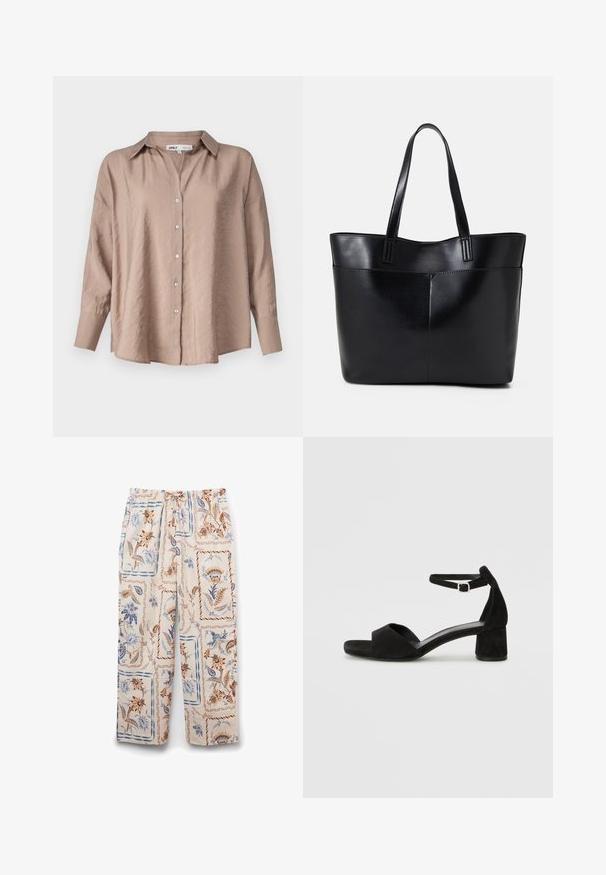 Camisa oversized de color marrón claro con botones, que presenta un cuello clásico, mangas largas y una tela de satén ligeramente texturizada.; Pantalones de pijama ligeros, de color crema, con un estampado floral en marrón y azul, cintura elástica y corte holgado.; Sandalias de tacón negro de ante con una delgada correa en el tobillo, diseño de punta abierta y un bloque de tacón modesto. Textura suave y acentos mínimos.; Bolso tote de cuero negro con dos asas largas, textura suave y forma estructurada. Cuenta con un bolsillo frontal para almacenamiento adicional.