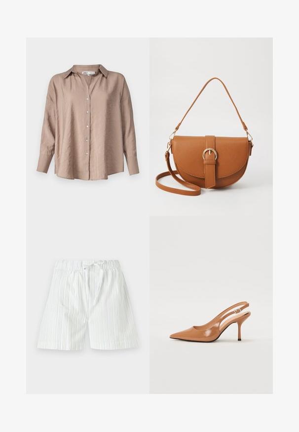 Lys brun oversized skjorte med knapper, med klassisk krage, lange ermer og en lett strukturert satengstoff.; Herreshorts laget av lett materiale, med vertikale striper i lyseblått og hvitt, med elastisk midje og snor.; Spiss tå slingback hæl i et glat, glinsende brunt materiale. Har et buet utskårent design og en slank stilett hæl. Sølvspenne detalj.; Brun lærcrossbody-veske med en buet form, gullhardware og et spenneakcent. Har en avtakbar skulderreim.