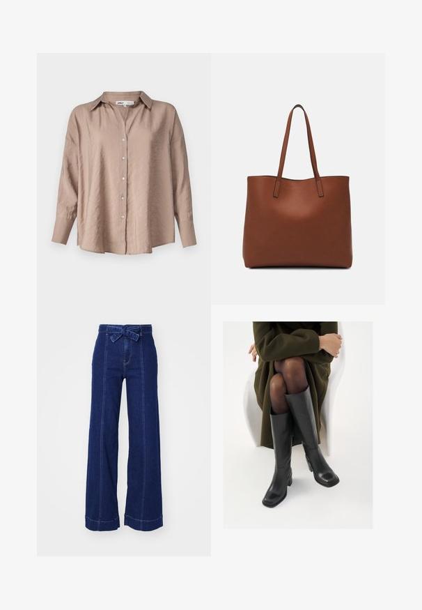 Gaiši brūns, lielgabarīta pogājams krekls ar klasisku apkakli, garām piedurknēm un nedaudz teksturētu satīna audumu.; Platām kāju tumši džinsu biksēm ar augstu jostu, kas aprīkotas ar priekšējo saišu jostu un atšķirīgu diegu šuvēm gar sānu vīlēm un apakšmalām.; Ceļgalu augstuma melni ādas zābaki ar kvadrātu purngalu un bloku papēdi, attēloti modelī, kurš sēž olīvu zaļā mētelī. Gluda tekstūra, minimāla apdare.; Brūna ādas iepirkumu soma ar gludu tekstūru, atvērta augšdaļa un divas plecu siksnas. Izceļas ar minimālām šuvēm un redzamu aparatūru nav.