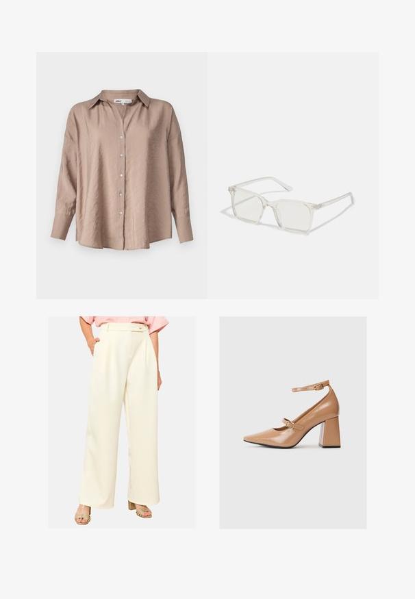 Kerge pruun ülekaaluline nupuga särk, millel on klassikaline krae, pikad varrukad ja veidi tekstuuriga satenkangas.; Kreemivärvides laiad püksid, millel on sile tekstuur, kõrge vöökoht, voltide ja küljetaskudega. Lihtne nööpide sulgemine.; Beež patendi nahast kõrged kontsad terava nina, pahkluu rihmaga ja paksu ruudukujulise kontsaga. Sile tekstuur ja läikiv viimistlus.; Selge plastmassist ruudukujulised prilliraamid koos läbipaistvate läätsedega, millel on kuldsed aktsendid templitel, et lisada detaile.; Beez tekstuuriga käekott reguleeritava rihmaga, kahe esikoti ja lukuga, mis on kindlustatud pandlatega, ning kuldsete detailidega. Ülemine luku sulgemine.