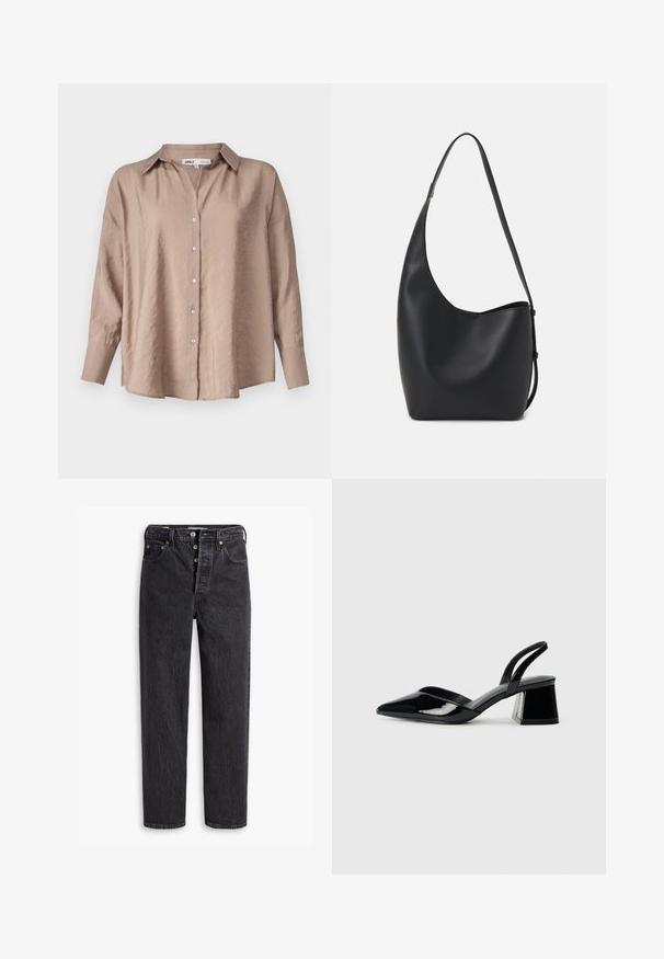 Camisa oversized de botão em tom castanho claro, com um colarinho clássico, mangas longas e um tecido satinado ligeiramente texturizado.; Jeans de ganga pretos com perna reta, apresentando uma fecho de botão, acabamentos em cobre e uma textura subtil. Design clássico de cinco bolsos.; Sandy em verniz preto com salto slingback, ponta afilada e salto geométrico. Apresenta um design elegante e minimalista com textura suave.; Saco hobo preto em pele com uma textura lisa, forma curva e uma única alça ajustável; apresenta uma abertura larga na parte de cima.