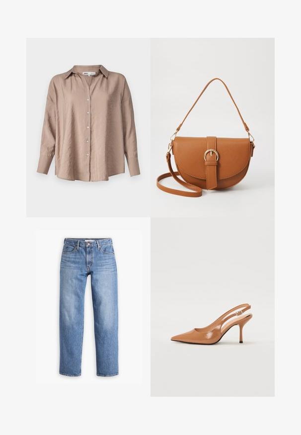 Camisa oversized de color marrón claro con botones, que presenta un cuello clásico, mangas largas y una tela de satén ligeramente texturizada.; Jeans de mezclilla de color azul claro con un ajuste de pierna recta, cinco bolsillos y cremallera. La tela tiene un acabado texturizado clásico con un ligero desvanecimiento.; Zapato de tacón tipo slingback con punta afilada en un material suave y brillante de color marrón. Presenta un diseño con corte curvado y un tacón de aguja delgado. Detalle de hebilla plateada.; Bolso bandolera de cuero marrón con forma curvada, herrajes dorados y un acento de hebilla. Incluye una correa de hombro desmontable.