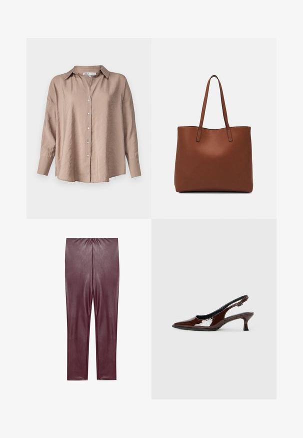 Kerge pruun ülekaaluline nupuga särk, millel on klassikaline krae, pikad varrukad ja veidi tekstuuriga satenkangas.; Burgundi värvi faux nahast legginsid, millel on sile tekstuur, kõrge vöökoht ja fitted disain, ulatudes jalatallani ilma lisadekotta.; Pruun patentnahast slingback tossud terava nina ja mõõduka kandega. Omab pandla rihma kindla istuvuse tagamiseks. Sile tekstuur.; Pruun nahast tote-kott, millel on sile tekstuur, avatud ülaosa disain ja kaks õlarihma. Omab minimaalset õmblust ja nähtavat riistvara ei ole.