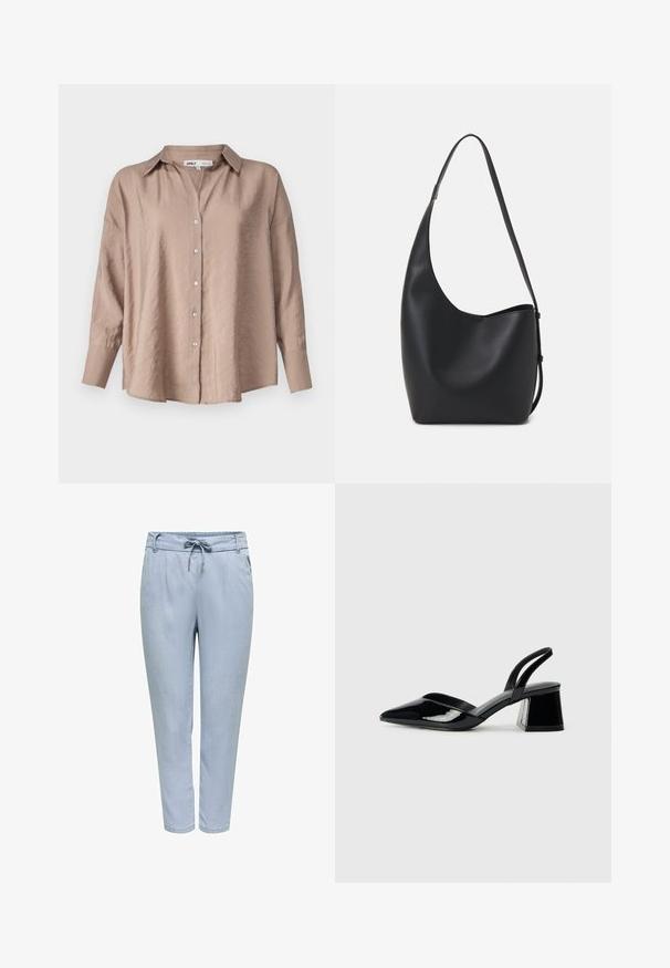 Vaaleanruskea ylisuuri nappipaita, jossa on klassinen kaulus, pitkät hihat ja hieman teksturoitu satiinikangas.; Vaaleansiniset kapenevat housut, jotka on valmistettu sileästä ja kevyestä kankaasta. Varustettu joustavalla vyötärönauhalla ja nauhalla sekä sivutaskuilla.; Mustat patentoitu nahkakengät, joissa on säären takaosa ja terävä kärki, sekä geometrinen palikkakorko. Sisältää tyylikkään, minimalistisen muotoilun ja sileän pinnan.; Musta nahkainen hobo-laukku, jossa on sileä pinta, kaareva muoto ja yksi säädettävä olkahihna; sisäänkäynti on leveä ylhäältä.