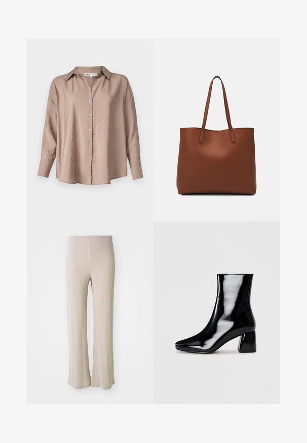 Lys brun oversized skjorte med knapper, der har en klassisk krave, lange ærmer og en let struktureret satin kvalitet.; Beige, vide bukser lavet af tekstureret stof med lodrette striber. Har en elastisk talje og en afslappet pasform hele vejen ned ad benet.; Sort patent læderankelstøvle med spids tå og square blokhæl. Glat tekstur med højglansfinish, uden synlige udsmykninger.; Brun læder tote taske med en glat overflade, åben topdesign og to skulderremme. Har minimal syning og ingen synlig hardware.