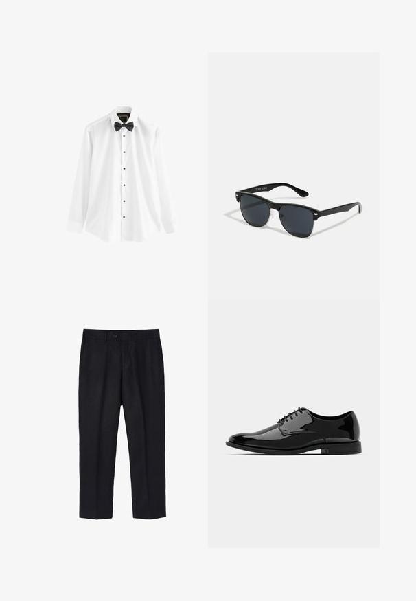 Valge puuvillane särk, millel on pikad varrukad, must nööpkrae ja mustad nupud ees.; Mustad linased püksid kohandatud lõikega, ühe esise nööbi, voltide ja sirgete jalgadega. Sile tekstuur kerge viimistlusega.; Mustan läikiva nahast kleitking, millel on ümar varvas, nööridega disain ja sile, läikiv pind. Omab madalat kummitalda.; Mustad mustmikrooni kujuga mustad prillid, tumedate klaasidega, hõbedased detailid templite juures ja mati viimistlusega raam.