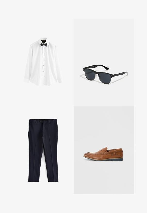 Balta kokvilnas krekla blūze ar garām piedurknēm, melnu tauriņu un melniem pogām priekšpusē.; Next SLIM FIT ESSENTIAL - Uzvalka bikses - navy; Brūnas ādas loafers ar apaļu purngalu, ar šuvēm un zemu gumijas zoli. Dizainā ir josla pāri augšējai daļai.; Melnas saulesbrilles ar taisnstūra formu, tumšiem stenģiem, sudraba akcentiem pie tempļiem un matētu apdari uz rāmja.