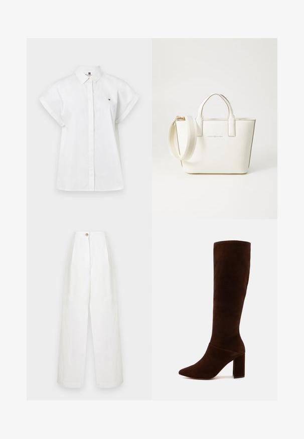 Hvit kortermet skjorte med knappestolpe, krage, og en liten logo på venstre bryst. Laget av et lett stoff.; Hvite bukser med vid bein i et lett stoff, featuring høy midje, frontfold og en enkelt knappelukking i midjen.; Brune suede høye støvler med spiss tå og en chunky firkantet hæl. Glatt tekstur med tettsittende skaft og uten synlige lukkinger.; Hvit imitert lær håndveske med korte håndtak, justerbar skulderstropp og gyllen maskinvare; har et subtilt logo på framsiden.