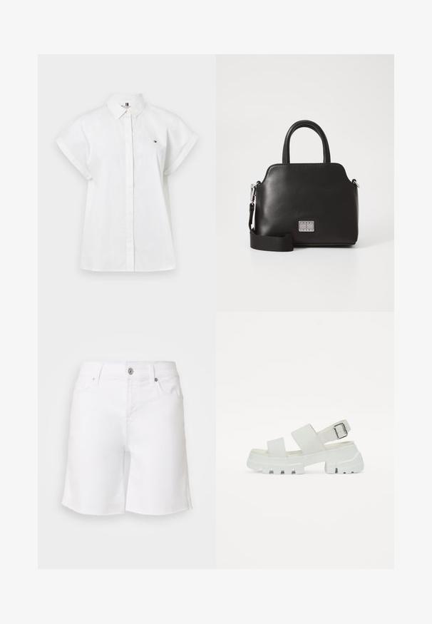 White short-sleeve shirt with a button-up front, a collar, and a small logo on the left chest. Made from a lightweight fabric.; White denim shorts with a raw hem, five pockets, and metal button closure. Features a fitted waist and relaxed leg design.; White sandals with a chunky sole, featuring two wide straps and a buckle detail on the ankle strap. Smooth texture, minimalistic design.; Black synthetic handbag with top handles, detachable shoulder strap, rounded shape, smooth texture, and silver logo accent on the front.