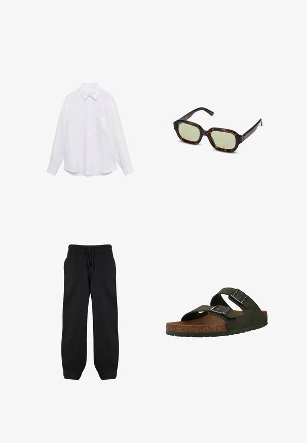 Camicia bianca a maniche lunghe realizzata in tessuto leggero, con chiusura a bottoni sul davanti, colletto e una singola tasca sul petto. Texture liscia.; Pantaloni della tuta neri con vita elastica, coulisse e tasche laterali. Realizzati in un tessuto morbido con una vestibilità comoda e fondo svasato.; Sandali verde slip-on con due cinturini regolabili, una soletta in sughero e una suola in gomma. Presentano fibbie argentate e un materiale superiore texture.; Occhiali da sole tartarugati con lenti verdi, forma rettangolare, montatura ampia e finitura liscia. Dettagli sulle tempie.