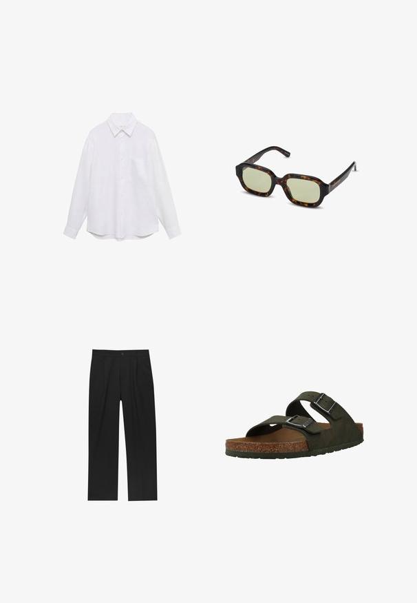 Weißes langärmliges Hemd aus leichtem Stoff, mit durchgehender Knopfleiste, Kragen und einer einzelnen Brusttasche. Glatte Textur.; Schwarze Hose mit geradem Schnitt, aus einem glatten Stoff gefertigt. Verfügt über Vorderfalten und einen einzelnen Knopfverschluss an der Taille.; Grüne Slip-On-Sandalen mit zwei verstellbaren Riemen, einem Korkfußbett und einer Gummisohle. Mit silbernen Schnallen und einem strukturierten Obermaterial.; Schildpatt-Sonnenbrille mit grün getönten Gläsern, rechteckiger Form, breitem Rahmen und glatter Oberfläche. Akzente an den Bügeln.