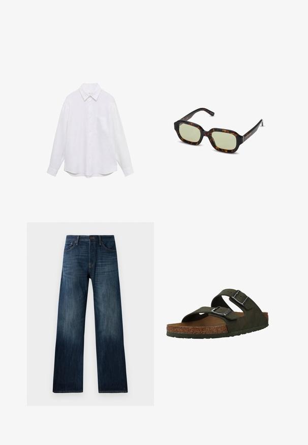 Vit långärmad skjorta i lättvävt material, med knäppning fram, krage och en enda bröstficka. Slät textur.; Mörkblå denimjeans med rak ben-design, med en lätt struktur, bälteshällor och en klassisk femfickstil.; Gröna slip-on sandaler med två justerbara remmar, en korkfot säng och en gummisula. Har silver spännen och ett strukturerat övermaterial.; Sköldpaddsfärgade solglasögon med grönt tonade linser, rektangulär form, breda bågar och glatt yta. Accenter på stängerna.