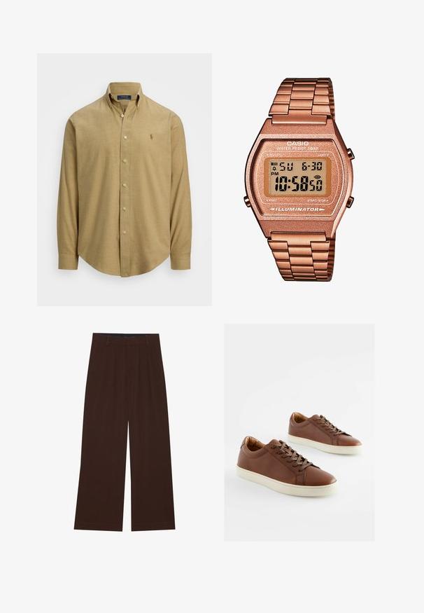 Světle hnědá košile s dlouhým rukávem a knoflíky, s límečkem, vyrobená z texturované tkaniny. Na hrudi je malá značka.; YOURTURN UNISEX 3 PACK BASIC OVERSIZED T-SHIRT - Jednoduché tričko - dark brown/off-white/dark grey; Hnědé kalhoty s širokým střihem a skladbami. Vyrobeny z hladké tkaniny, s upraveným pasem a postranními kapsami. Rovný lem na spodní straně.; Hnědé kožené tenisky s hladkým povrchem, bílé gumové podrážky a odpovídající hnědé tkaničky. Zaoblený tvar špičky s minimálními švy.; Digitální hodinky Casio s kovovým řemínkem v růžovém zlatě, obdélníkovým pouzdrem, podsvíceným displejem a vodotěsností, zobrazující čas a datum.
